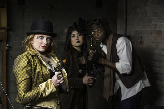 Steam Punks in Underground Lair with Weapons