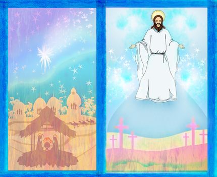 two religious images - Jesus Christ bless and birth of Jesus