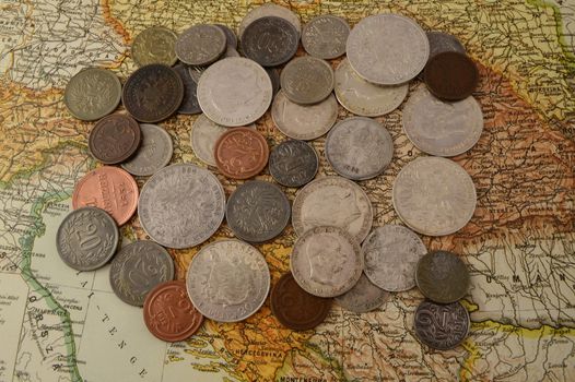Several Austro Hungarian Coins on map.