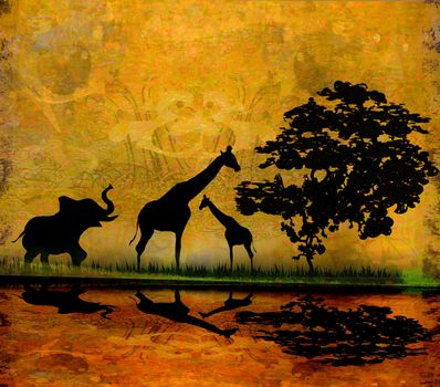 Safari in Africa silhouette of wild animals reflection in water