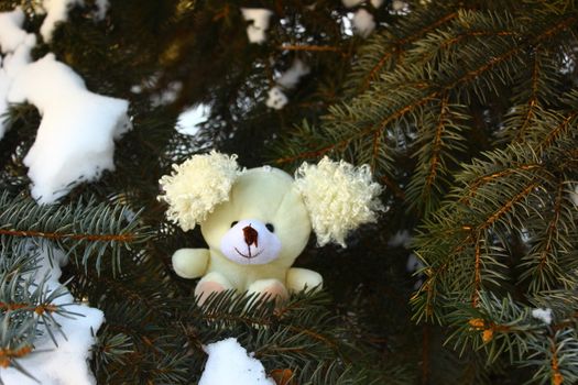 Funny little toy dog sitting on the tree