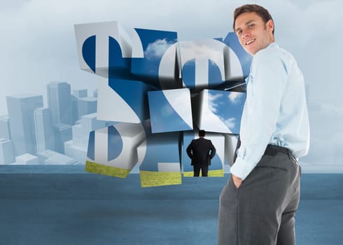 Happy businessman standing with hands in pockets against cityscape in the fog