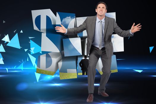 Businessman standing with arms out against small pyramids on technical background