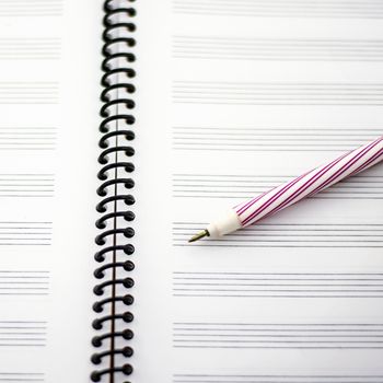 music notebook and red pen ready to wite your own song
