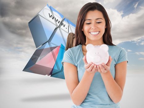 Attractive woman posing with a piggy bank against cloudy sky background