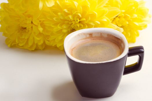 black coffee near the yellow flowers of chrysanthemums