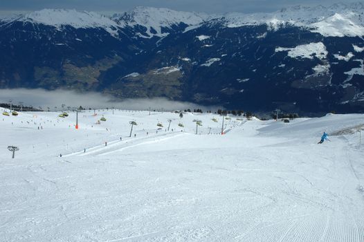 Slope and ski lifts in zillertal valley in Austria