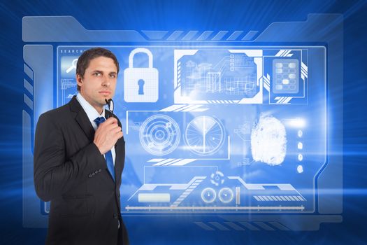 Thinking businessman holding glasses against global technology background