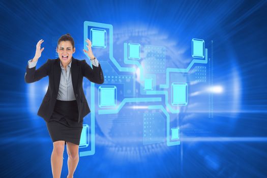 Angry businesswoman gesturing against global technology background