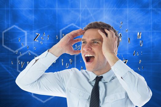 Stressed businessman shouting against abstract technology background