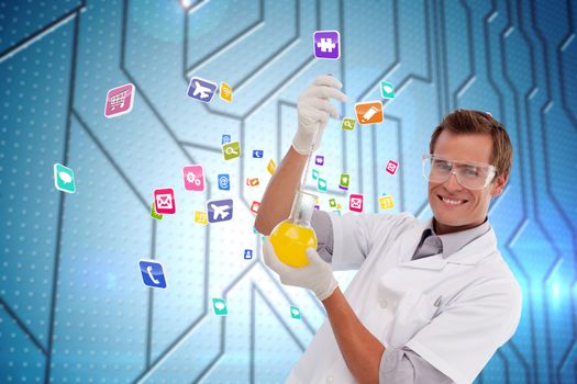 Young scientist working with a beaker against circuit board on futuristic background