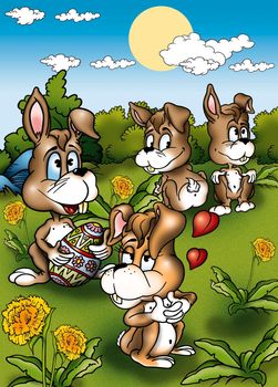 Easter Rabbits - Cartoon Background Illustration, Bitmap