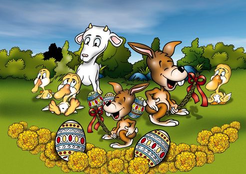 Animals and Easter - Cartoon Background Illustration, Bitmap