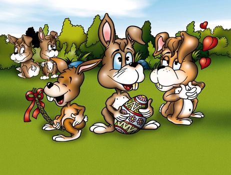 Rabbits and Easter - Cartoon Background Illustration, Bitmap