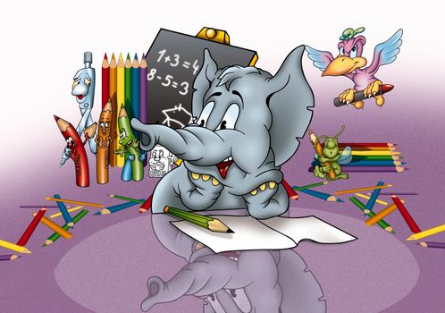 Elephant In School - Cartoon Background Illustration, Bitmap