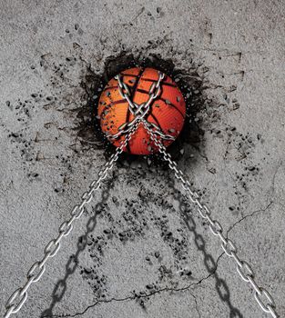 basketball embedded in a concrete wall
