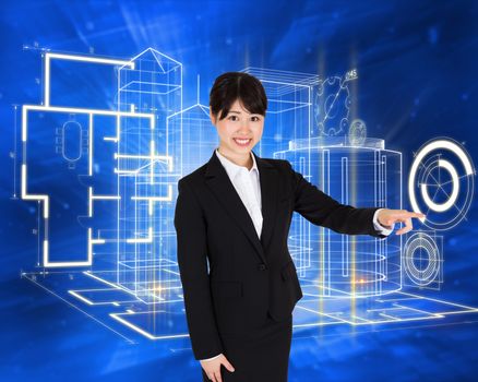Smiling businesswoman pointing against abstract blue squares