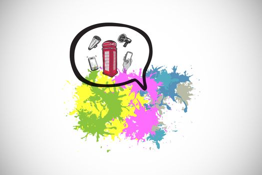 Communication technology on paint splashes against white background with vignette