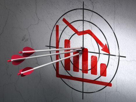 Success news concept: arrows hitting the center of Red Decline Graph target on wall background, 3d render