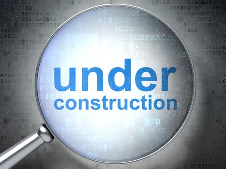SEO web design concept: magnifying optical glass with words Under Construction on digital background, 3d render
