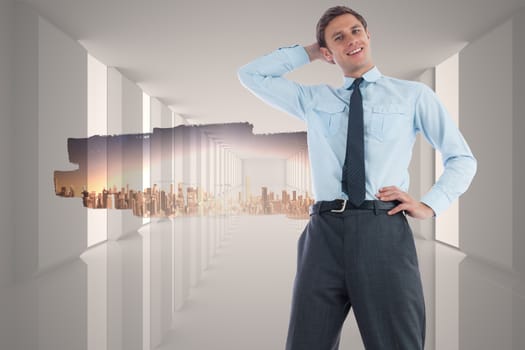Thinking businessman with hand on head against abstract screen in room showing cityscape