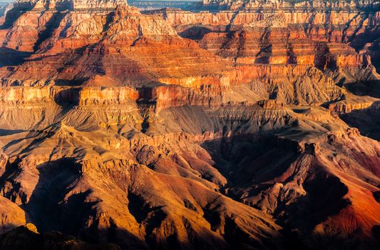 Detail of Grand Canyon rock fomation at colorful sunrise, Arizona, USA