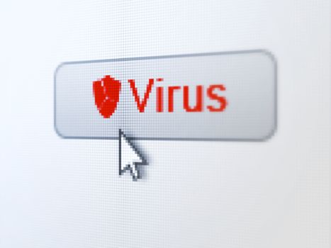 Privacy concept: pixelated words Virus and Broken Shield icon on button withArrow cursor on digital computer screen background, selected focus 3d render