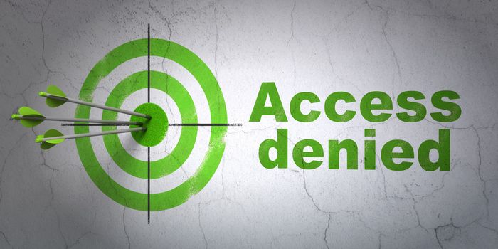Success privacy concept: arrows hitting the center of target, Green Access Denied on wall background, 3d render