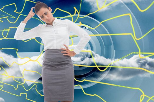 Worried businesswoman against abstract yellow line design on blue sky