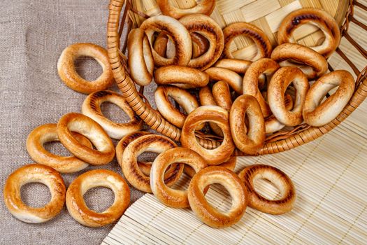 Russian traditional bagels in a wicker basket close-up shot