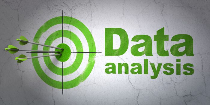 Success Data concept: arrows hitting the center of target, Green Data Analysis on wall background, 3d render