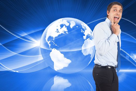Thinking businessman touching his chin against global technology background