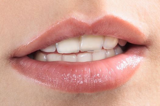 close up of beautiful mouth lips teeth smile smiling caucasian woman