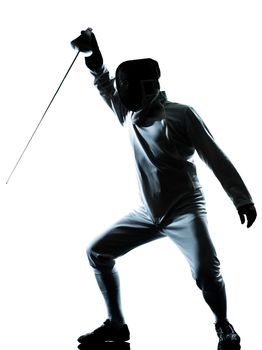one man fencing silhouette in studio isolated on white background