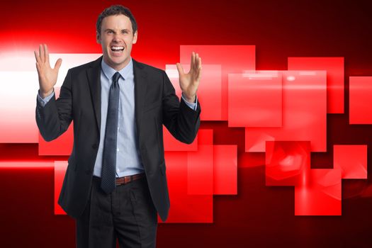 Stressed businessman gesturing against abstract technology background