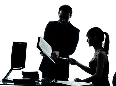 one man father professor and student teenager girl helping for homework in silhouette indoors isolated on white background