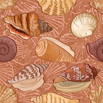 Seamless background, pattern with marine seashells and contour.