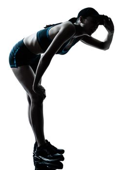 one caucasian woman runner jogger tired breathless in silhouette studio isolated on white background