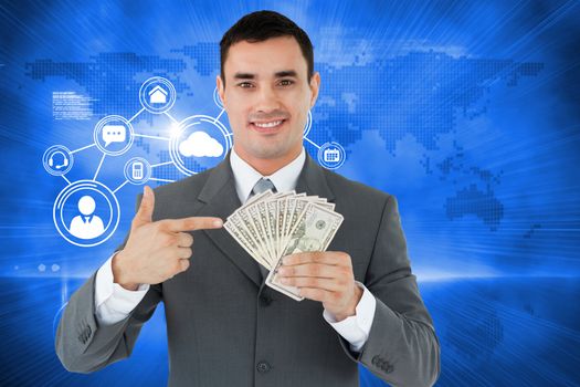Businessman pointing at bank notes in his hand against futuristic technology interface