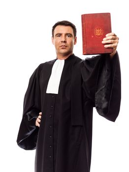 one caucasian lawyer man in studio isolated on white background