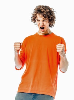 one young man caucasian strong screaming happy portrait in studio white background