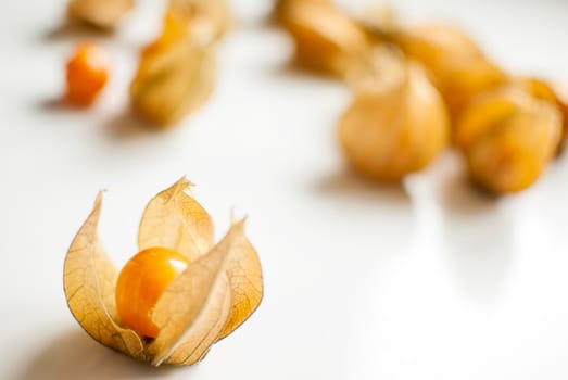 ripe healthy orange physalis over wooden board