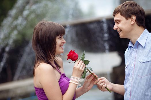 man giving rose to a girl