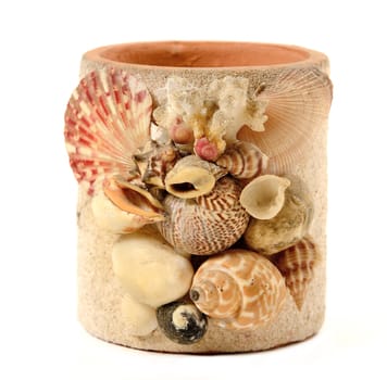 Vase with seashell decorate isolated on white background