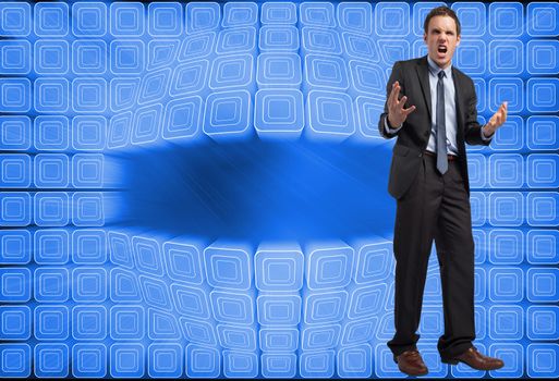 Stressed businessman gesturing against abstract technology background
