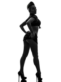 rear view one caucasian sexy woman in army uniform in silhouette studio isolated on white background