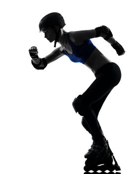 one caucasian woman in roller skates silhouette studio isolated on white background