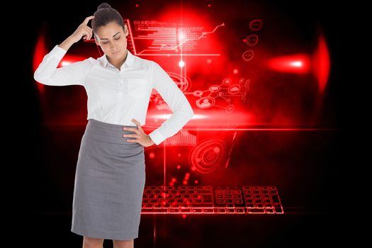 Focused businesswoman against futuristic technology interface