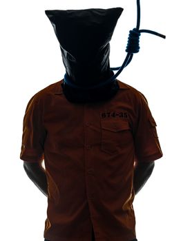 one caucasian criminal man with hangman noose around the neck in silhouette studio isolated on white background