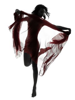 one beautiful asian woman naked behind red veil in silhouette studio isolated on white background